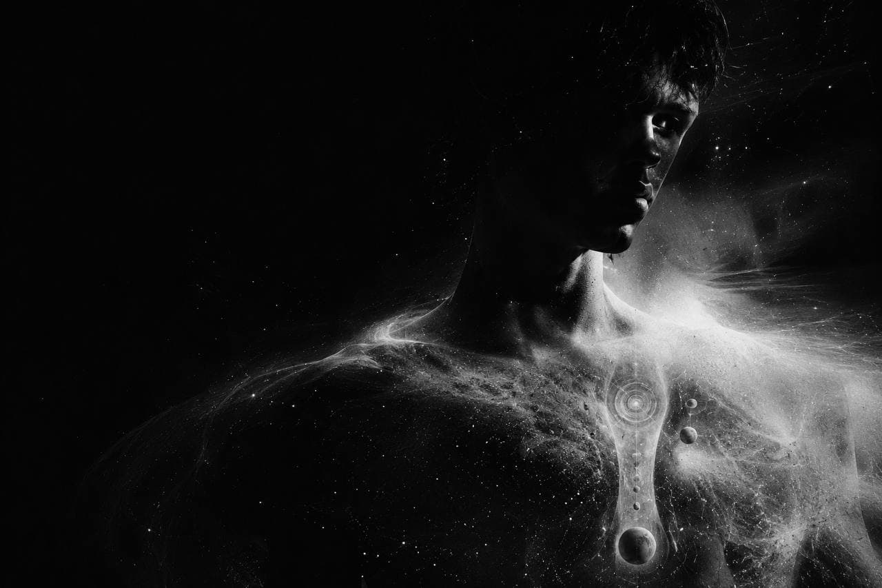 Black and white portrait emerging from darkness, lit by fine particles