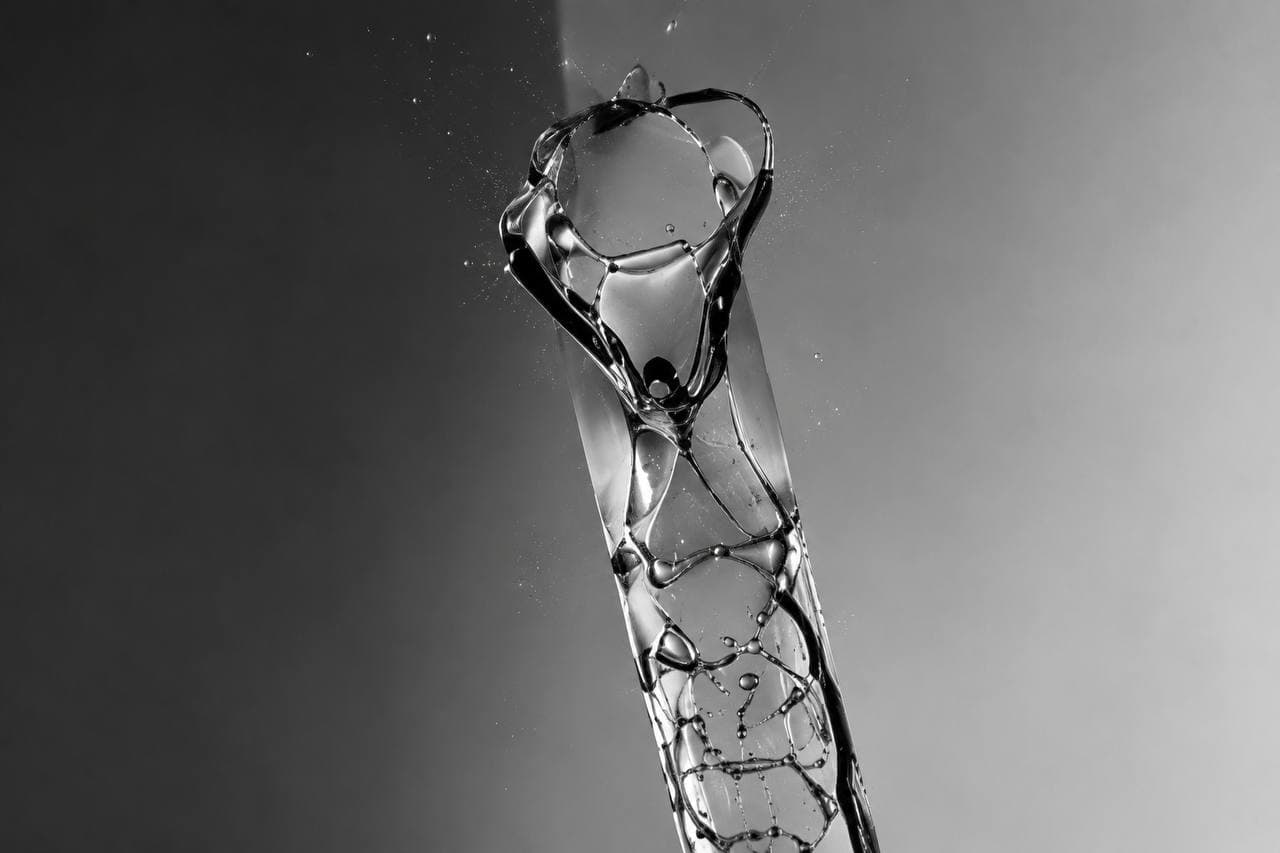 Liquid frozen mid-splash in a glass column, black and white